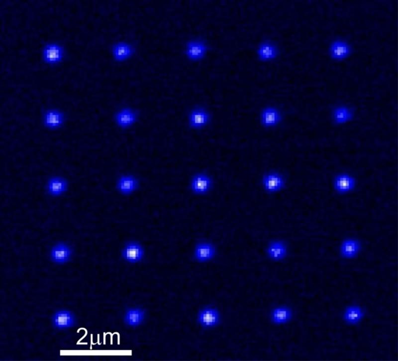 fluorescence image of an array of single nitrogen-vacancy centres in diamond produced by laser writing